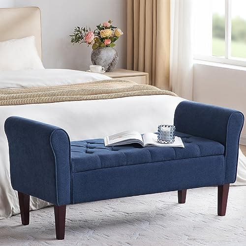 HUIMO 50.4" Arm Storage Bench with 7.5-inch Solid Wood Legs, Button-Tufted Storage Ottoman, Upholstered Window Sitting Bench for Bedroom,End of Bed Bench Indoor, Living Room, Entryway (Blue)