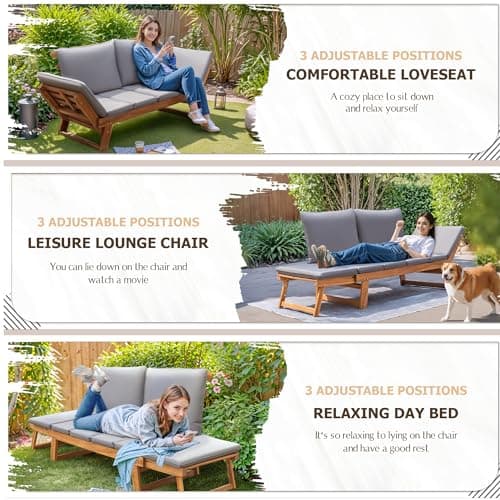 Devoko Outdoor Couch Acacia Wood Patio Couch with Adjustable Armrests, Outdoor Convertible Sofa with Removable Cushions & Pillows for Patio, Porch, Poolside(Grey)