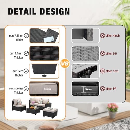 5 Pieces Patio Furniture Set All-Weather Outdoor Wicker Sectional Conversation Sofa Rattan Patio Seating Sofa with Cushion and Glass Table and Ottoman for Porch,Beige