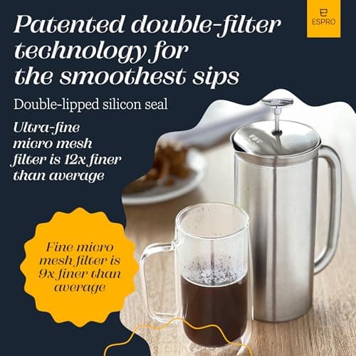 ESPRO P7 French Press Coffee Maker - Double-Walled Stainless Steel Insulated with Micro-Filter, 18 Oz, Brushed Stainless Steel