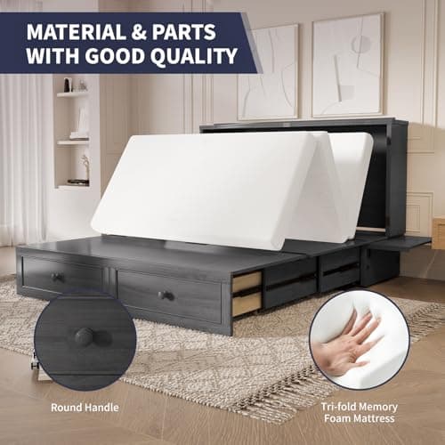 ijuicy Murphy Bed Queen with Foam Mattress, Convenient Murphy Bed Cabinet with Charging Station & Storage Board, Bed That Folds into Cabinet with Large Storage Drawer for Bedroom,Guest Room(Grey)