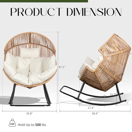JAMFLY Egg Chair Outdoor Rocking Chairs, Wicker Patio Chair Oversized Lounger Chair with Cushion for Indoor Living Room Bedroom Outside Patio Backyard Balcony, Beige