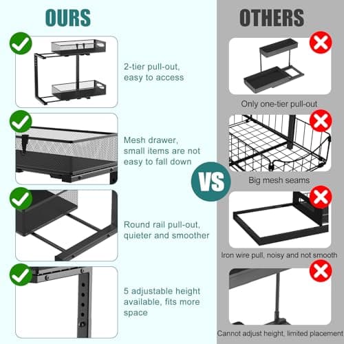 2 Pack Under Sink Organizer, 2 Tier Metal Pull Out Under Sink Storage with Sliding Mesh Drawers, Height Adjustable Slide Out Under Sink Organizer for Kitchen Bathroom Cabinet, Black