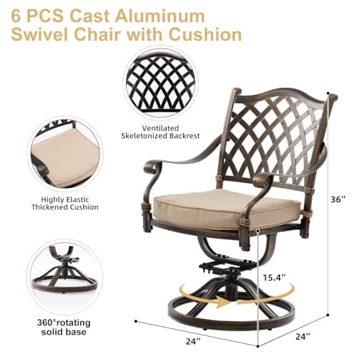 7-Piece Cast Aluminum Outdoor Table and Chairs, Antique Bronze Patio Dining Set for 6 Include 60" Rectangular Outdoor Dining Table and 6 Swivel Chairs with Removable Cushion and Umbrella Hole