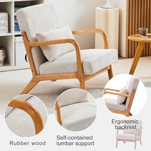 Accent Chairs, Set of 2 Mid-Century Modern Chair with Pillow, Armchair with Solid Wood, Reading Relaxing Leisure Chair for Living Room,（Beige）