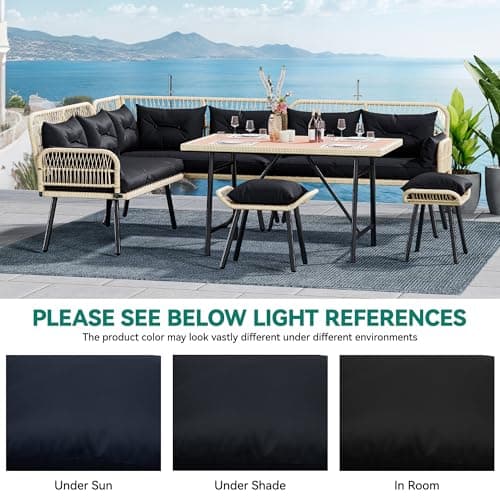 YITAHOME Patio Wicker L-Shaped Furniture Set, All-Weather Rattan Outdoor Conversation Sofa Set for Backyard Deck with Soft Cushions,Ottomans and Plastic Wood Dining Table (Light Brown+Black)