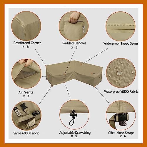 Heavy Duty Outdoor Sectional Sofa Cover, 85"X85" V-Shaped 5-Seater Waterproof 600D Patio Sectional Couch Cover, Lawn Patio Furniture Cover,Desert Khaki
