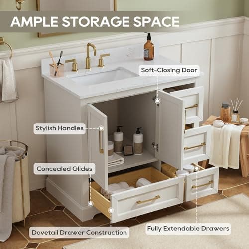 36 Inch Bathroom Vanity with Sink, Solid Wood Frame with Engineered Marble Top, Fully Assembled Storage Cabinet with 2 Soft-Closing Doors & 4 Drawers, Backspalsh, Greige