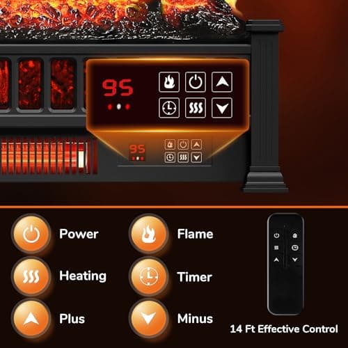 Electric Fireplace Logs 20-Inch, Remote Controller Fireplace Insert Log Heater, Adjustable Flame Colors, Realistic Fake firewood Flame, Overheat Protection, Timer, Thermostat, 1500W Black