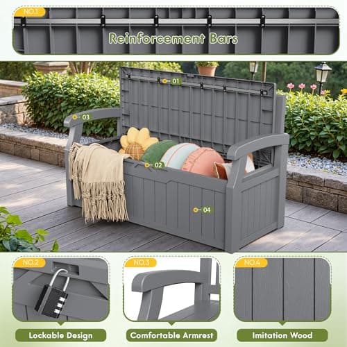Greesum 80 Gallon Storage Bench Outdoor Deck Box with Armrest, Patio Furniture,Lockable, Waterproof and UV Resistant, Suitable for Garden, Pool, Grey