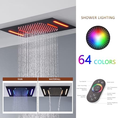 MONDAWE 23" Full Body Thermostatic Shower Jets System, 64-Color LED Music Waterfall Rainfall Luxury Shower Head System with 6 Spray Jets, Ceiling Mount Rain Shower Faucet Set, Matte Black
