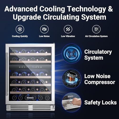 BODEGA 24 Inch Wine Cooler Refrigerator, 46 Bottle Dual Zone Wine Fridge with Double-Layer Tempered Glass Door,wine refrigerator with Temperature Memory Function, Built-in or Freestanding wine cooler.
