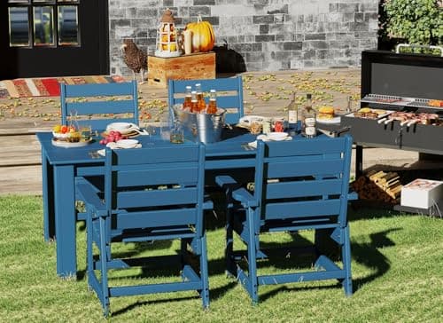 GREENVINES 7-Piece Outdoor Dining Set | HDPE | Patio Table and Chairs Sets for 6 | Patio Furniture | All Weather | Umbrella Hole | Blue| for Backyard Poolside Garden