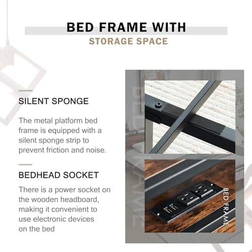 Virabit Bed Frame Full Size with Drawers, Full Platform Bed Frame with Headboard and Power Outlets, No Box Spring Needed, Easy Assemble(Brown).