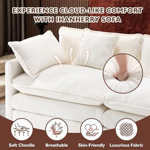Ihanherry 146" U-Shaped Modern Sofa Modular Sectional Cloud Couch with 2 Ottoman, 6-Seat Chenille Deep Seat Sofa with 6 Pillows for Living Room, Bedroom and Apartment, Beige