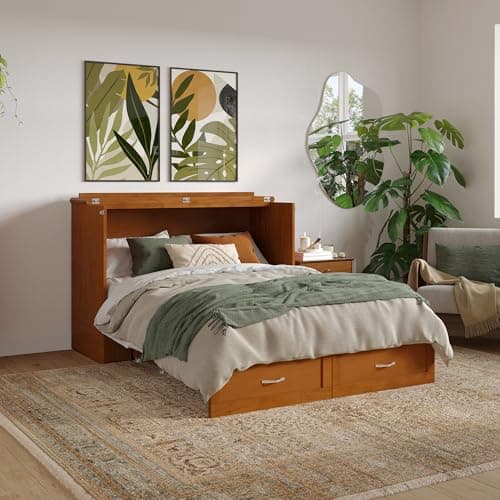 AFI Hamilton Full Murphy Bed Chest with Mattress, Storage, and Built-in Charger in Light Toffee