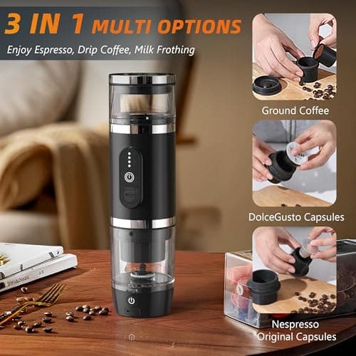 Hobsir Portable Electric Espresso Maker, 9000mAh Milk Frother Travel Coffee Machine for Camping, Car Coffee Maker with Frothing Base, USB-C, 3in1 Capsule, Portable Small Espresso Coffe Machine, Black