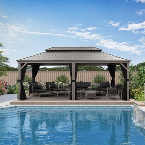 PURPLE LEAF 12' x 20' Permanent Hardtop Gazebo with Galvanized Steel Double Roof and Aluminum Frames Outdoor Large Pavilion Gazebo for Patio Deck Garden, Netting and Curtains Included, Light Grey