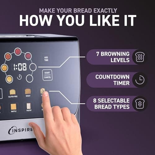 Inspirex Touch Screen Display Smart Toaster, 2 Slice with 8 Bread Type and 7 Browning Modes, Automatic Lowering and Raising, Digital Countdown, Modern Style, Stainless Steel