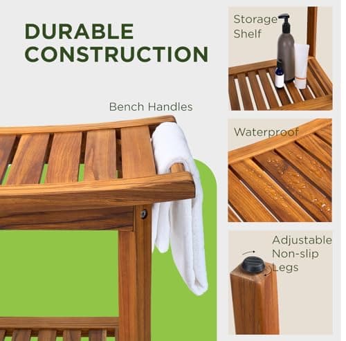 Premium 22" Teak Shower Bench with Handles, Waterproof Teak Shower Stool, Wooden Stool for Bathroom, Teak Wood Shower Bench Stool Seat Chair for Shower Storage Shelf, 300 Lbs Capacity