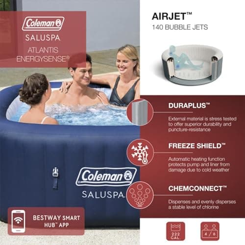 Bestway Coleman Hawaii AirJet Inflatable Hot Tub with EnergySense Cover, Blue + Bestway SaluSpa Spa Seat (4 Pack) + Bestway SaluSpa Pillows (2 Pack)
