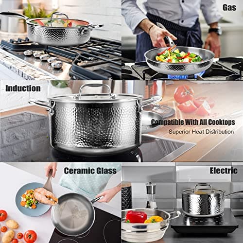 imarku Pots and Pans Set, 14PCS Kitchen Cookware Sets Tri-Ply Clad Stainless Steel with Hangered Handle and Lids, Suits Ceramic and Induction, Oven and Dishwasher Safe, Best Gifts for Women Man