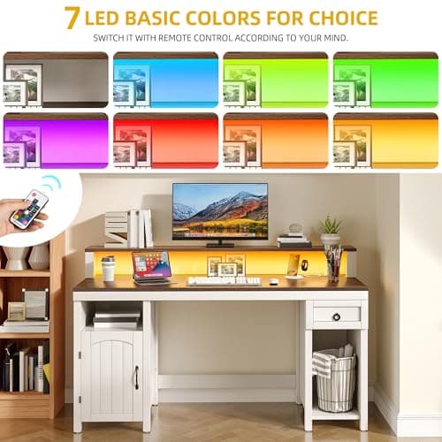 DWVO Farmhouse Office Desk with Drawer & Power Outlets, Wood Computer Desk w/LED Strip & Monitor Stand for Bedchamber Study, Home Office Table with Storage Cabinet for Working Writing Gaming (White)