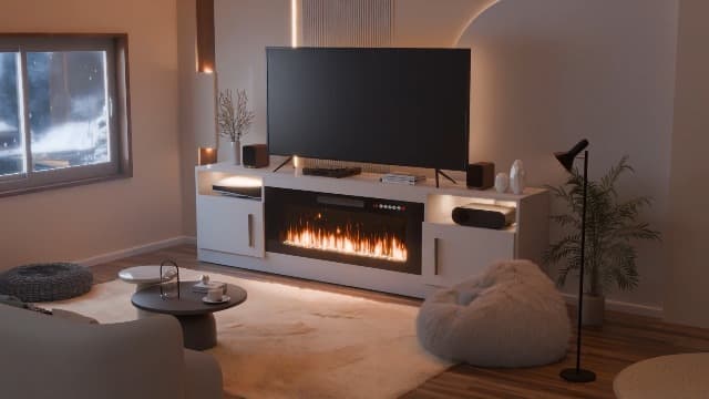 Lemberi Fireplace tv Stand with 36 inch Fireplace Up to 80" TVs,LED Light Entertainment Center and Storage, 70" Modern Wood Media TV Console with Highlight Cabinet for Living Room (White)
