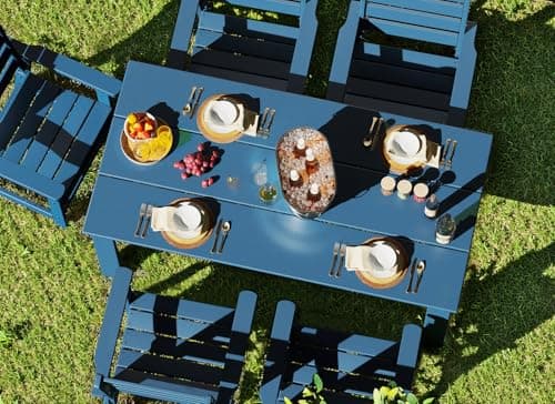 GREENVINES 7-Piece Outdoor Dining Set | HDPE | Patio Table and Chairs Sets for 6 | Patio Furniture | All Weather | Umbrella Hole | Blue| for Backyard Poolside Garden