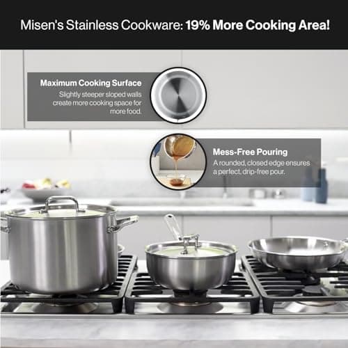 Misen 5-Ply Stainless Steel Cookware Set - Versatile, Dishwasher Safe - 9-Piece Set - 10" Skillet, 12" Skillet + Lid, 3 QT Saute Pan + Lid, 3 QT Saucier + Lid, 8 QT Stockpot + Lid