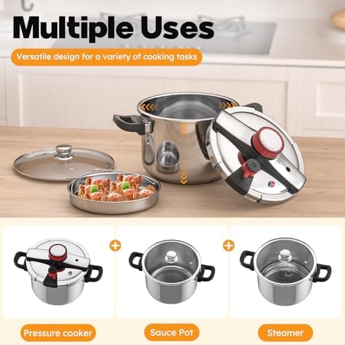 BreeRainz 8.45QT 304 Stainless Steel Pressure Cooker, 3-Stage PSI Settings, One-Hand Locking,Explosion-Proof Pot w/Extra Glass Lid, Timer, Steaming Rack(Induction Compatible)