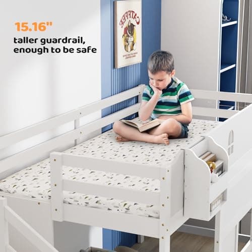 JOYMOR Low Loft Bed with Led Light, Loft Bed Twin Size with Castle Guardrail and Window, Staircase and Book Rack, Smart APP Control,No Box Spring Needed (White with Staircase)