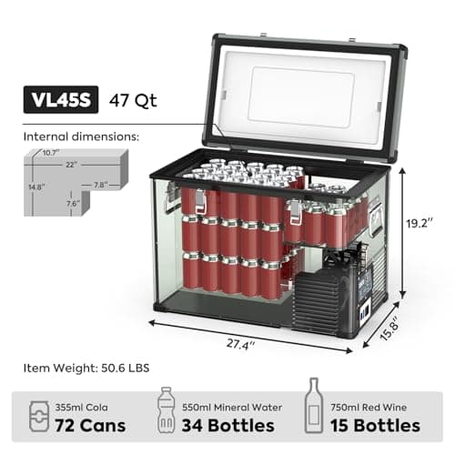 ICECO VL45 Portable Refrigerator with Battery, 47Qt/45L 12 Volt Refrigerator with SECOP, 0°-50°F 12v Fridge Freezer, 12/24VDC 110-240VAC, Electric Cooler for Car, RV, Camping| With 250Wh Battery