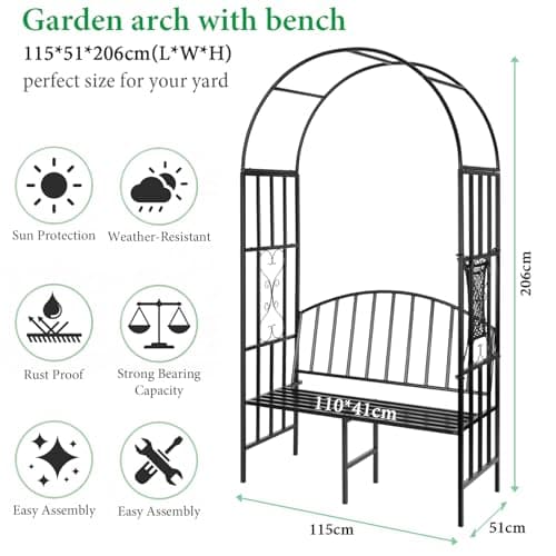 Garden Arch Heavy Duty (Holds 660lbs-250kg) | Metal Arbor Archway for Climbing Plant & Two People Seat Bench |Outdoor Lawn Backyard Decor 81 x 45.3 x 20 in - Black