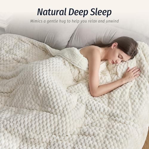 Wemore Fleece Weighted Blanket for Adults (60" x 80" 15lbs, Cream White), Dual Sided Cozy Soft Sherpa Heavy Blanket with 3D Imitation Turtle Shell Warm Jacquard Flannel for Couch and Bed