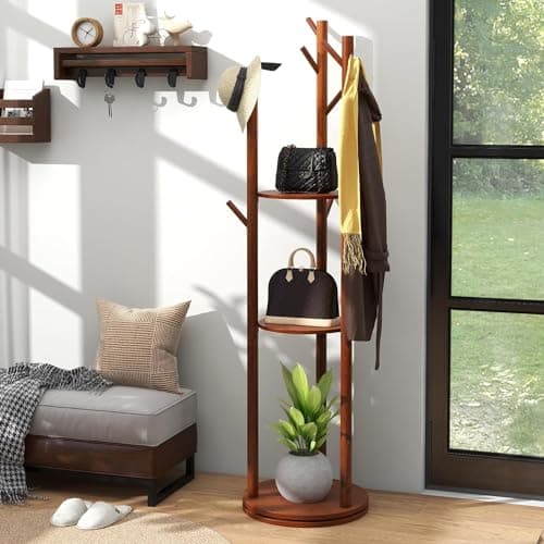 Rotary Coat Rack, Wooden Coat Rack Freestanding with 3 Shelves and 9 Hooks, Coat Tree, Sturdy and Easy Assembly Coat Rack Stand for Entryway,Hallway,Bedroom,Coats,Bags,Hats