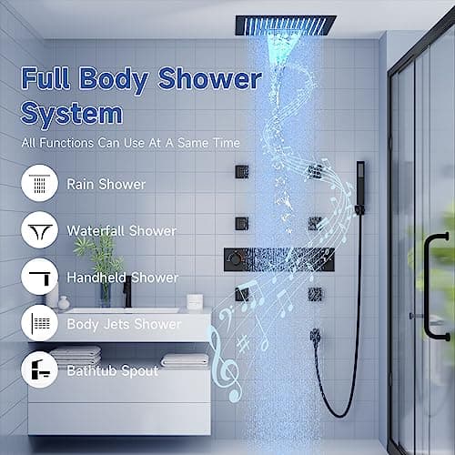 Smart Shower System with Body Jets, Black Shower Head and Handle Set,16" Ceiling Mount Rainfall Waterfall Shower Jets System with Tub Spout,Thermostatic Shower System Bathroom with Music and Led Light