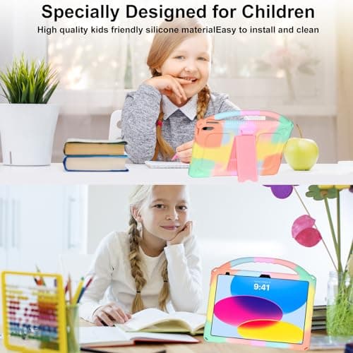 Adocham Kids Case for New iPad (A16) 11th Generation 11 Inch 2025/10th Generation 10.9 Inch 2022 Built-in Stand Handle,Lightweight Shockproof Silicone Kids Cover for iPad 10th/11th Gen (Rainbow)