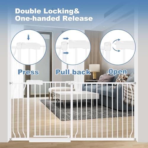 Extra Wide Baby Gate 62.2-66.9 Pressure Mounted,Child Dog Pet Safety Gates with Walk Through Door for Doorways Stairs No Drilling in Door,White