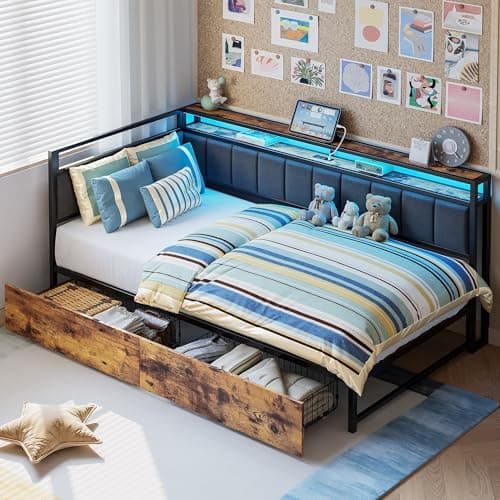 LIKIMIO Corner Bed Frame Twin Daybed with Storage Drawers, Metal Platform Bed Frame with LED Light, Charging Station & Fabric Upholstered Fence, Black