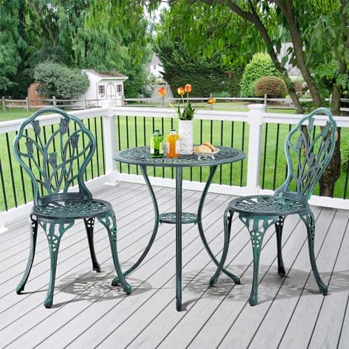 Yaheetech Patio Bistro Sets 3 Piece Cast Aluminum Bistro Table and Chairs Set, Cast Aluminum Bistro Table and Chairs Set of 2 with Umbrella Hole for Patio Backyard Balcony, Green