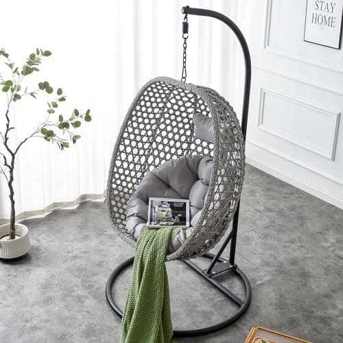 Egg Swing Chair Outdoor with Stand, Hanging Egg Rattan Basket Chair with Cushion and Pillow, Lounge Chairs, Foldable Basket and Metal Stand for Porch, Patio, Bedroom, Balcony,Yard (Grey)