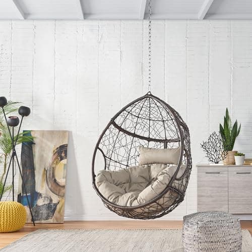 Outdoor Hanging Egg Chair with 8FT Chain, Patio Wicker Swing Egg Basket Chairs, Rattan Basket Hanging Chair Without Stand, Indoor Outdoor Wicker Hammock Egg Chair, Ideal for Patio Garden, Khaki Brown