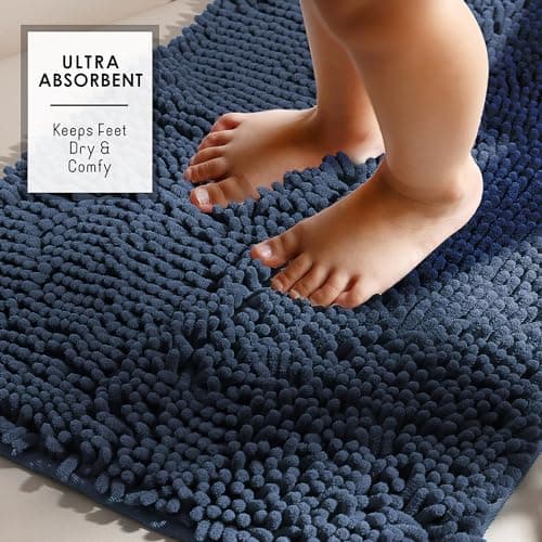 Hearth & Harbor Bathroom Rugs Sets 2 Piece, Chenille Bath Mat Set - Machine Washable Bath Mats for Bathroom Non-Slip Backing Rubber Quick Dry Bathroom Mat - Navy Bath Rug, 17x24-20x32