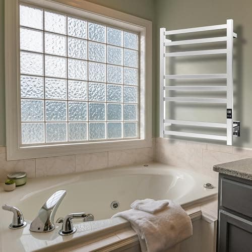 8-Bar Heated Towel Rack - Slim Design, Quick Heating, Adjustable Temperature, 24-Hour Timer - Brushed Stainless Steel - Ideal for Hot Towels in Bathroom