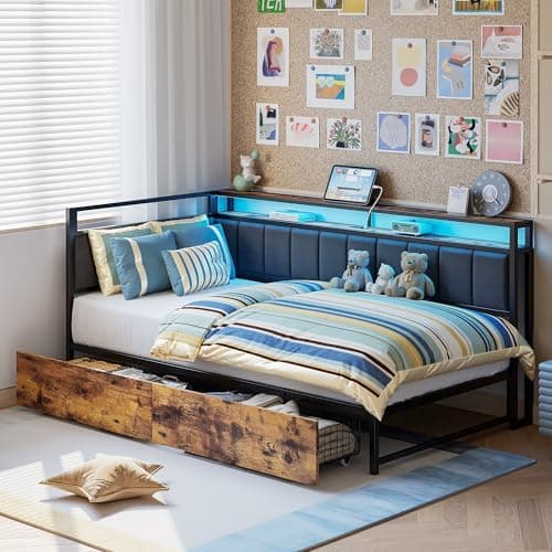 LIKIMIO Corner Bed Frame Twin Daybed with Storage Drawers, Metal Platform Bed Frame with LED Light, Charging Station & Fabric Upholstered Fence, Black