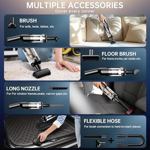 Handheld Vacuum Cordless, Car Vacuum with 16000Pa Powerful Suction, Lightweight at 1.3 lbs, Rechargeable Vacuum Cleaners for Home Office Car Pets with Brushless Motor, Multiple Accessories