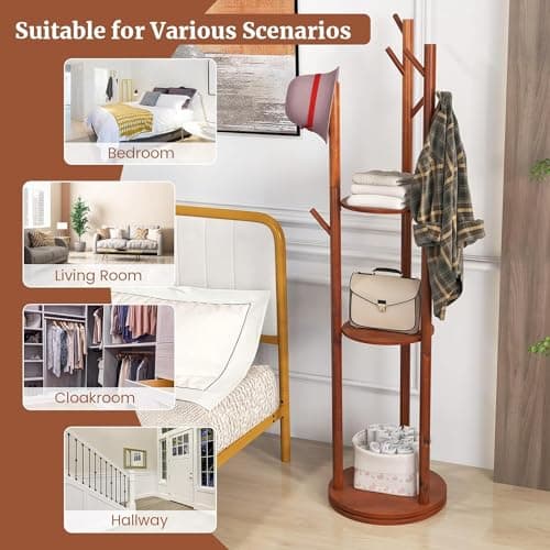 Rotary Coat Rack, Wooden Coat Rack Freestanding with 3 Shelves and 9 Hooks, Coat Tree, Sturdy and Easy Assembly Coat Rack Stand for Entryway,Hallway,Bedroom,Coats,Bags,Hats