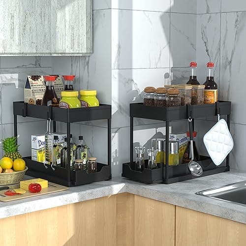 2 Pack Under Sink Organizer, 2 Tier Bathroom Cabinet Organizer with Sliding Basket, Multi-Purpose Under Sink Organizers and Storage for Bathroom Kitchen