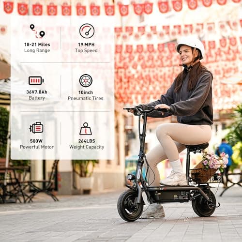 iScooter Electric Scooter with Seat, 37/21 Miles Long Range & 28/19/15.6 MPH Top Speed, 14"/12"/10" Pneumatic Tire, Height Adjustable Seat & Handlebar, Dual Suspensions Commuting Scooter with Basket